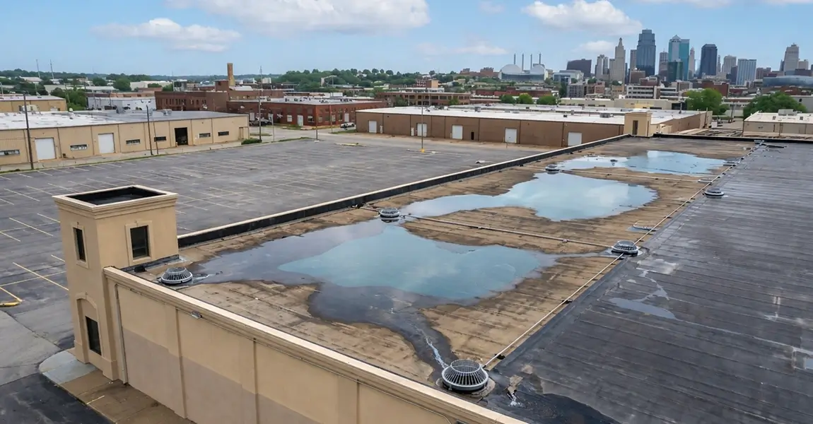 Image showing flat roof drainage in Kansas City with ponding water zones and drain points